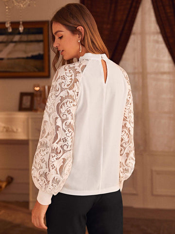 Mock Neck Contrast Lace Puff Sleeve Blouse