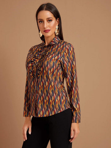 Graphic Lettuce Frill Trim Blouse