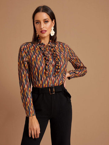 Graphic Lettuce Frill Trim Blouse