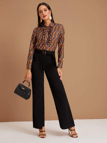 Graphic Lettuce Frill Trim Blouse