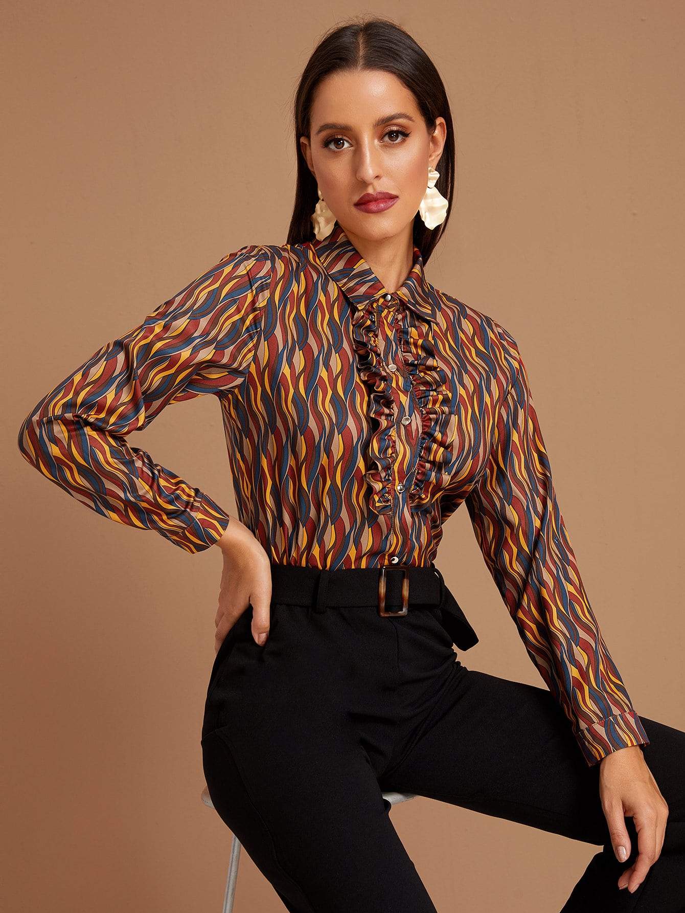 Graphic Lettuce Frill Trim Blouse