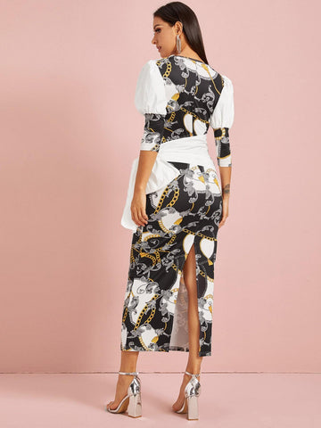 Cut Out Chain Print Slit Hem Belted Dress