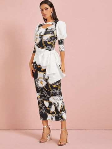 Cut Out Chain Print Slit Hem Belted Dress