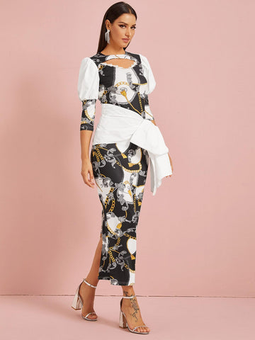 Cut Out Chain Print Slit Hem Belted Dress