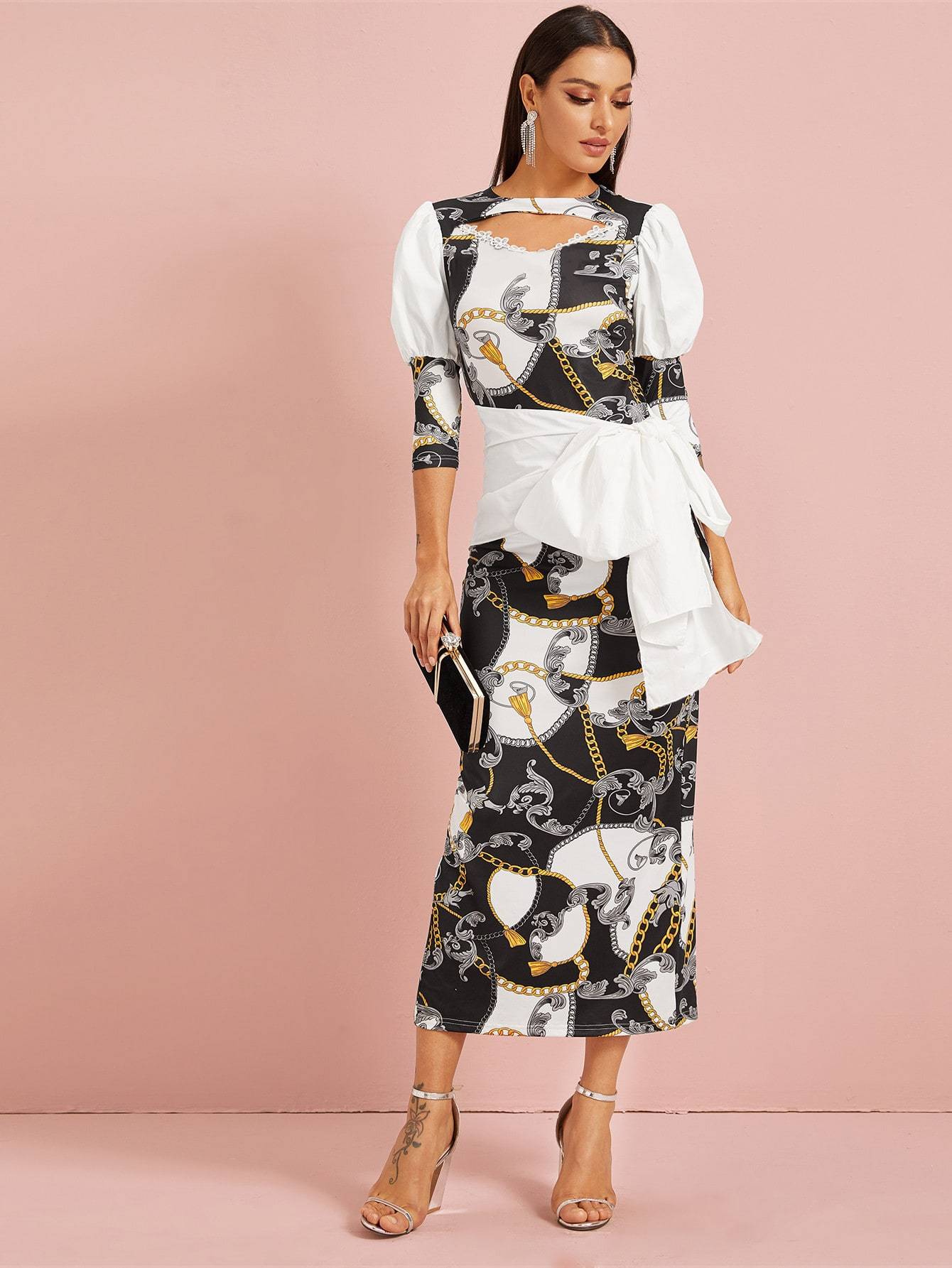 Cut Out Chain Print Slit Hem Belted Dress