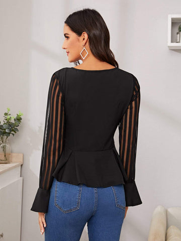 Striped Mesh Yoke Flounce Sleeve Peplum Top