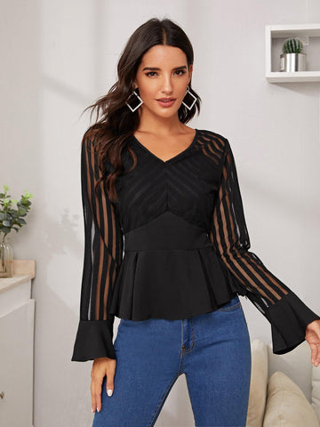 Striped Mesh Yoke Flounce Sleeve Peplum Top