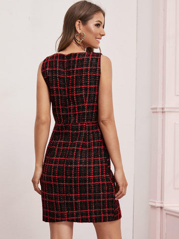 Plaid Print Sleeveless Tweed Dress