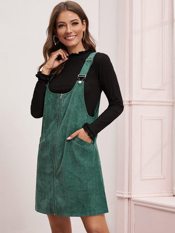 Zipper Front Corduroy Pinafore Dress