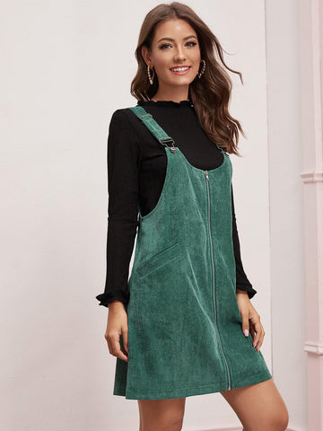 Zipper Front Corduroy Pinafore Dress