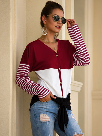 Knot Hem Cut And Sew Stripe Sleeve Tee