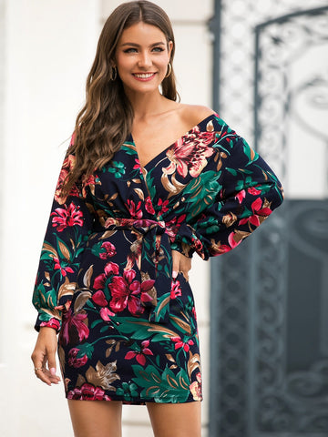 Floral Print Self Tie Fitted Dress