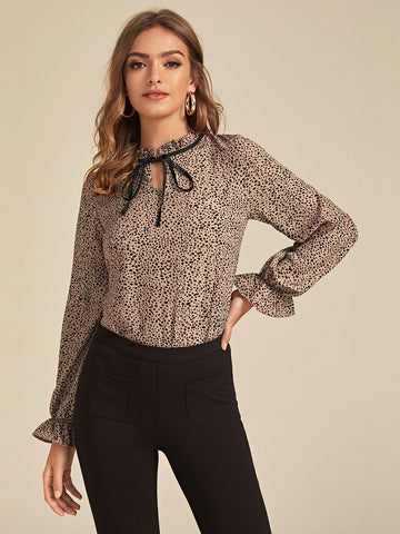 Tie Neck All Over Print Frill Trim Blouse
