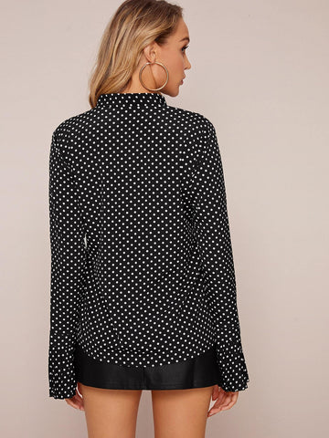 Tie Neck Flounce Sleeve Polka Dot Blouse