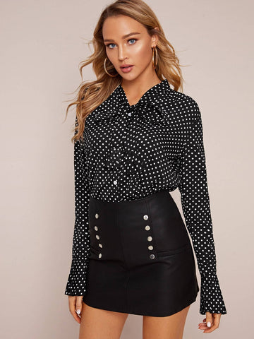 Tie Neck Flounce Sleeve Polka Dot Blouse