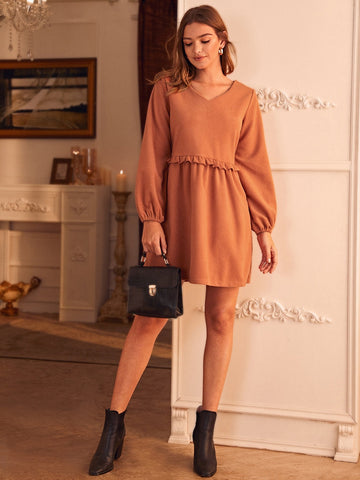 V-neck Puff Sleeve Frill Trim Smock Dress