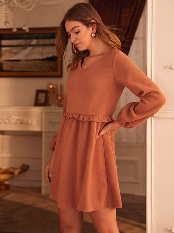 V-neck Puff Sleeve Frill Trim Smock Dress