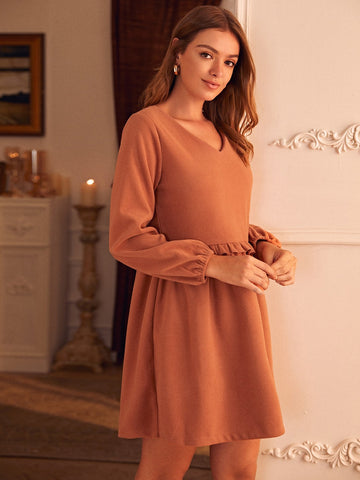 V-neck Puff Sleeve Frill Trim Smock Dress