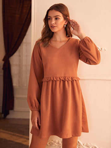 V-neck Puff Sleeve Frill Trim Smock Dress