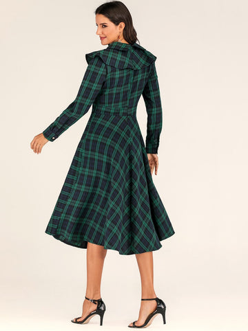 Plaid Print Ruffle Trim Flare Dress