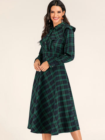 Plaid Print Ruffle Trim Flare Dress