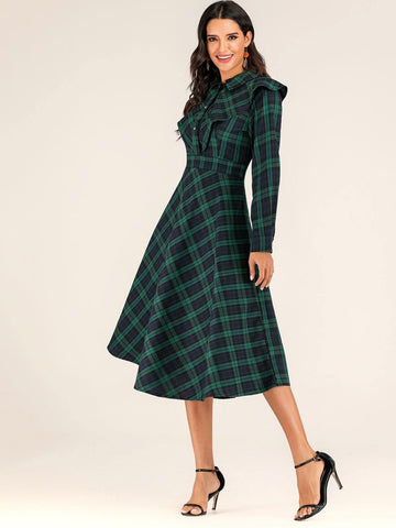 Plaid Print Ruffle Trim Flare Dress