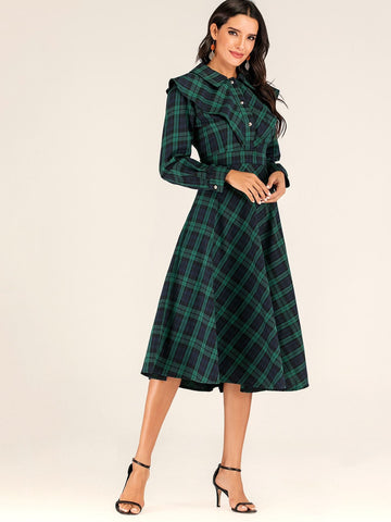 Plaid Print Ruffle Trim Flare Dress