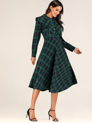 Plaid Print Ruffle Trim Flare Dress