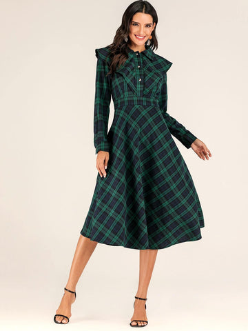 Plaid Print Ruffle Trim Flare Dress