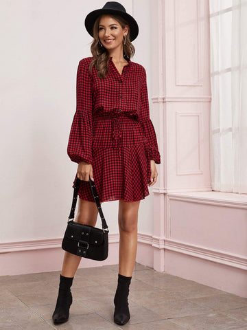 Gingham Asymmetrical Hem Shirt Dress