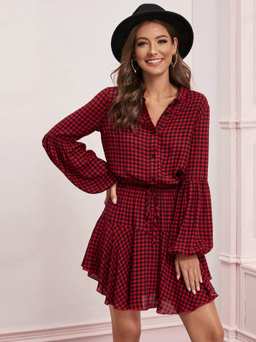 Gingham Asymmetrical Hem Shirt Dress