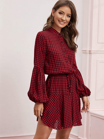 Gingham Asymmetrical Hem Shirt Dress