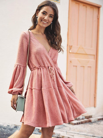 Solid Wrap Front Drawstring Waist Jumper Dress