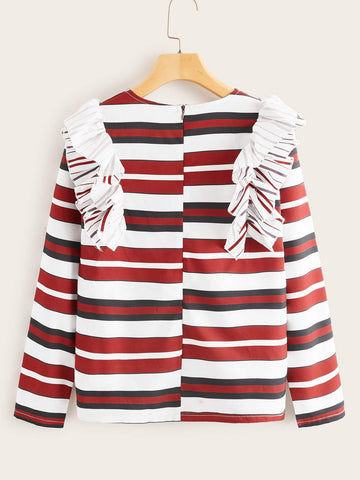 Ruffle Trim Zipper Back Striped Tee
