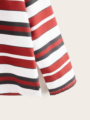 Ruffle Trim Zipper Back Striped Tee