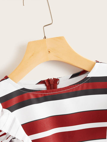 Ruffle Trim Zipper Back Striped Tee