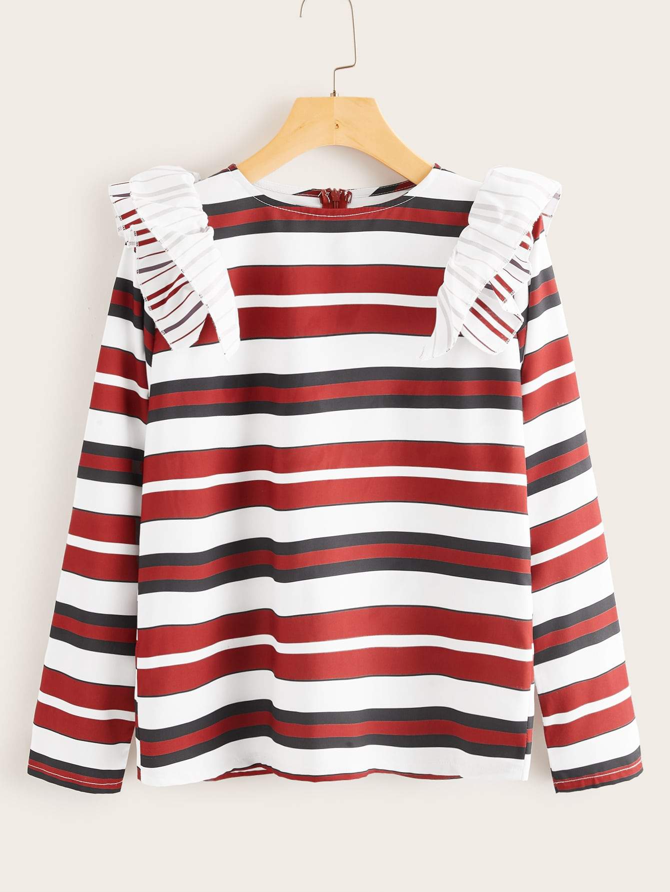 Ruffle Trim Zipper Back Striped Tee
