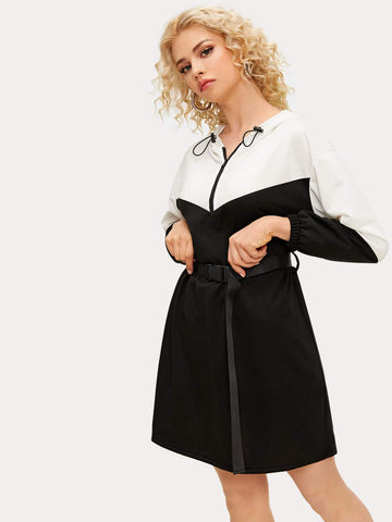 Contrast Panel Half Zip Belted Sweatshirt Dress