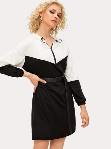 Contrast Panel Half Zip Belted Sweatshirt Dress