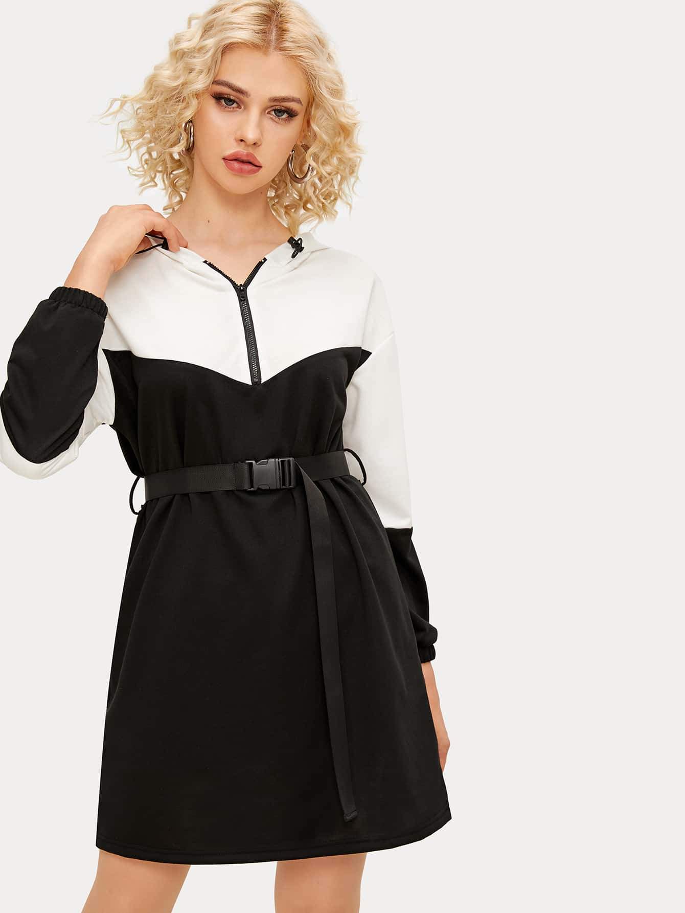 Contrast Panel Half Zip Belted Sweatshirt Dress