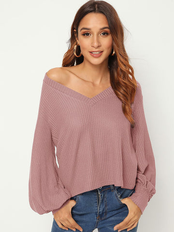 V Neck Solid Puff Sleeve Jumper