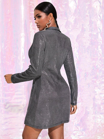 Single Button Shawl Collar Metallic Blazer Dress