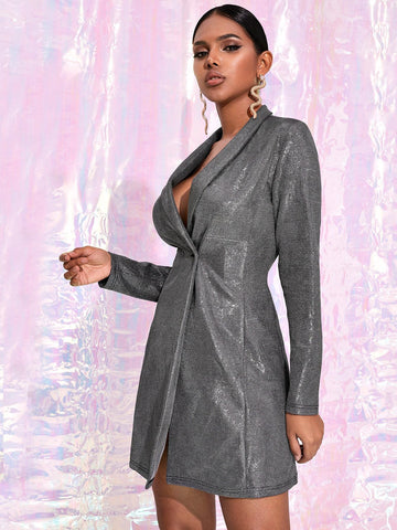 Single Button Shawl Collar Metallic Blazer Dress