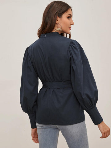 Solid Bishop Sleeve Belted Blouse