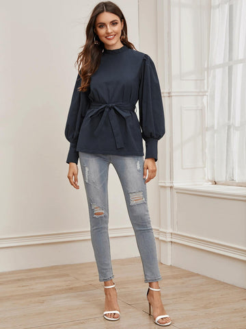 Solid Bishop Sleeve Belted Blouse