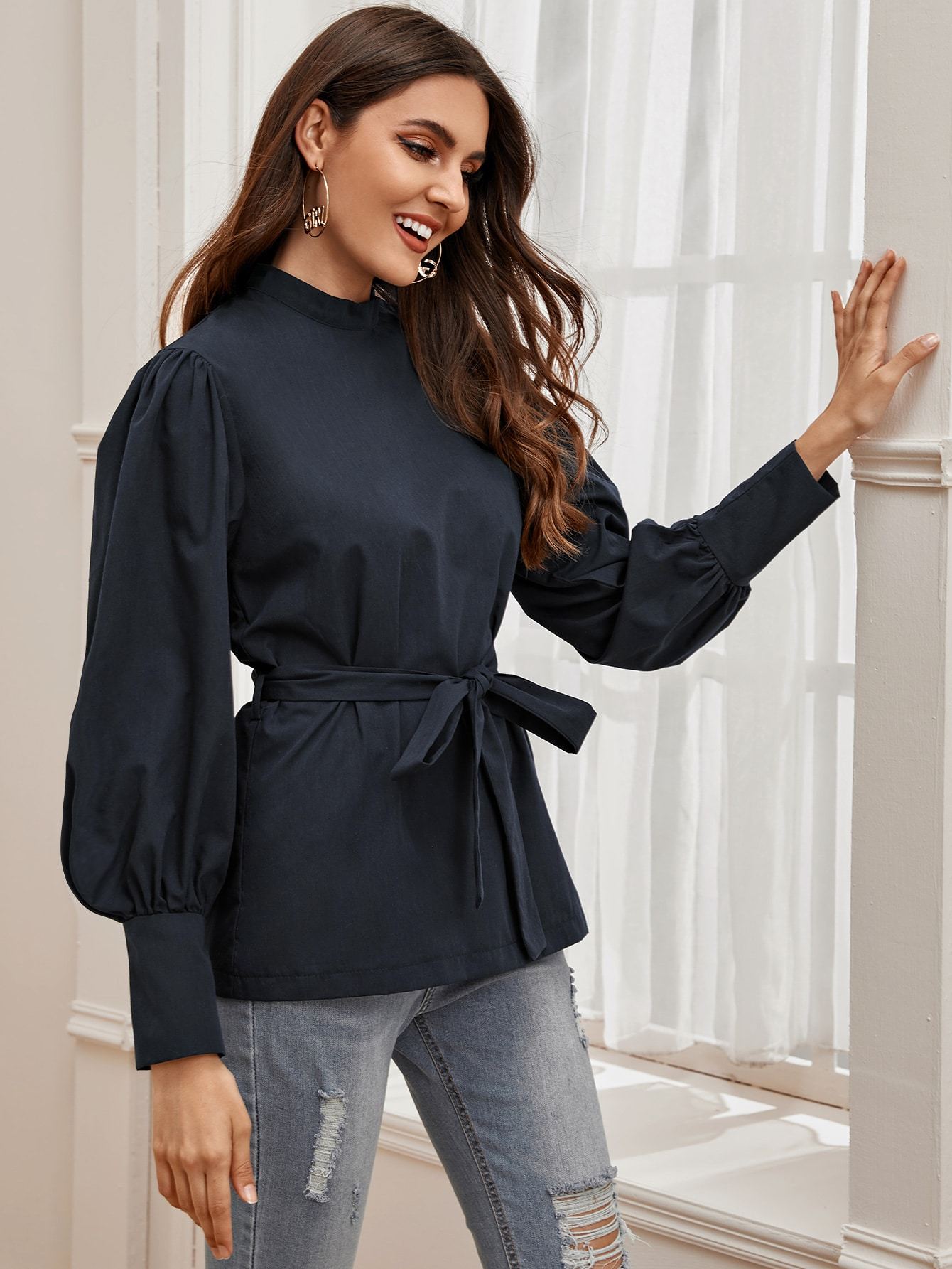 Solid Bishop Sleeve Belted Blouse