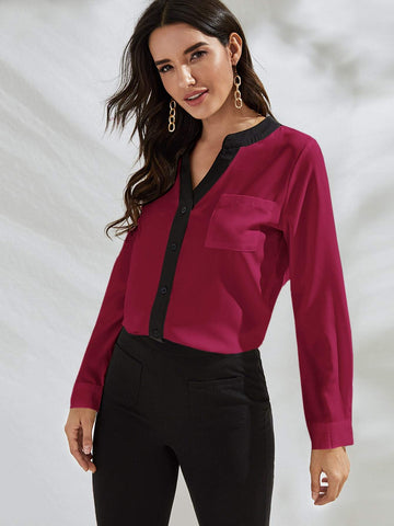 Contrast V Neck Button Single Pocket Blouse