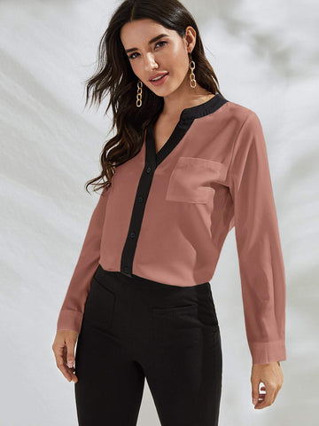Contrast V Neck Button Single Pocket Blouse