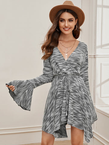 Flounce Sleeve Hanky Hem Space Dye Belted Dress