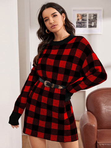 Drop Shoulder Buffalo Plaid Jumper Dress